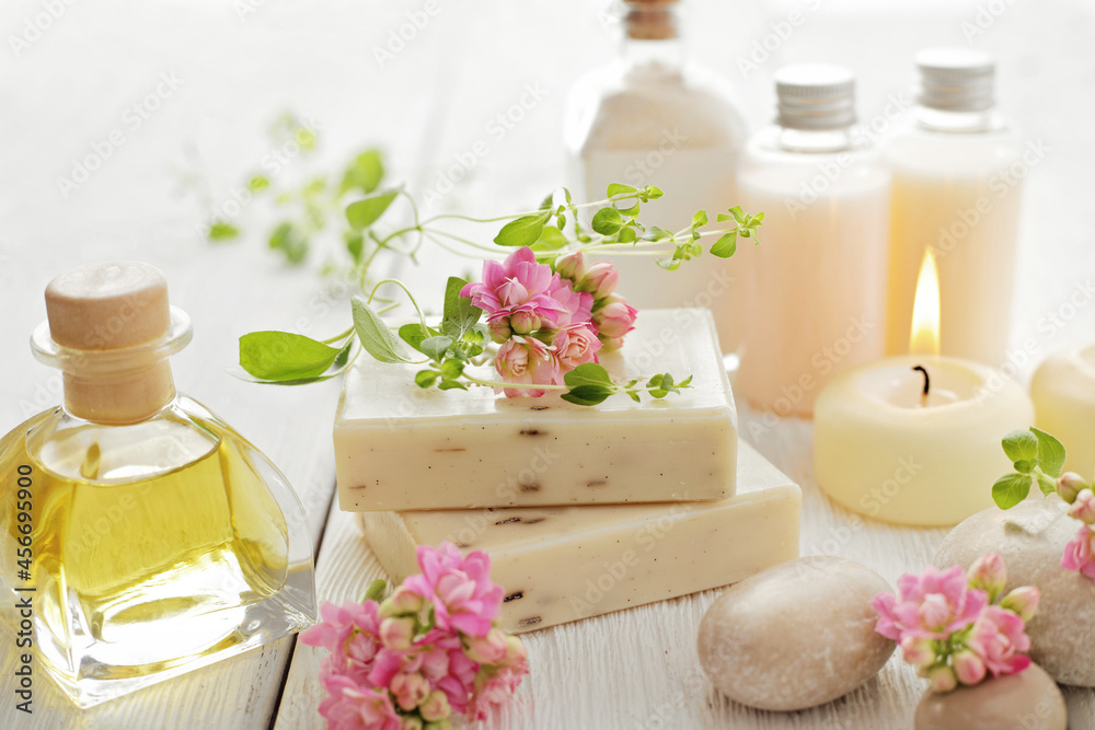 SPA products with essential oils, herbs and and flowers