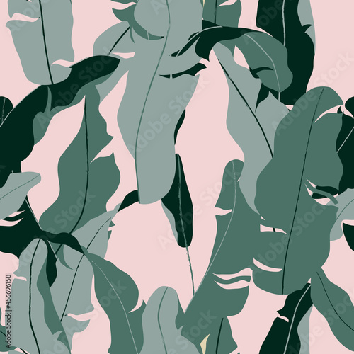 Foliage seamless pattern, hand drawn banana leaves on bright red