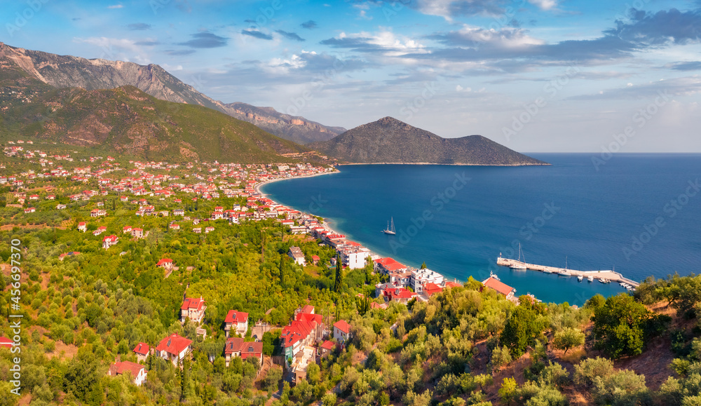 View from flying drone of Tyros, tourist and old naval town in Arcadia. Captivating morning seascape of Myrtoan Sea. Spectacular outdoor scene of Peloponnese peninsula, Greece, Europe.