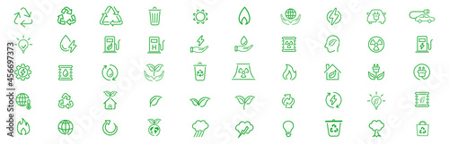 Set of green energy thin line icons. Icons for renewable energy, green technology. Design elements for you projects. Vector illustration