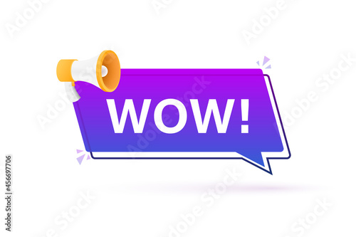 Wow megaphone. Flat vector illustration. Announce promotion offer. People communicate.