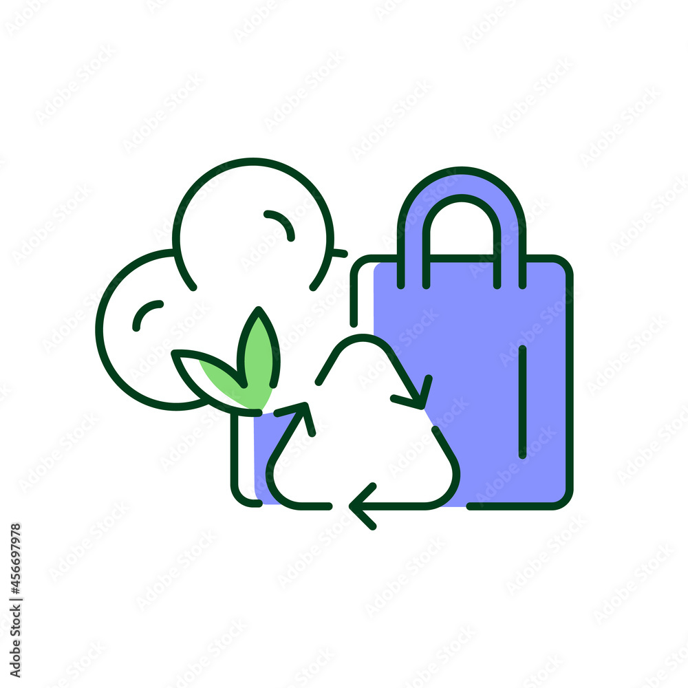 Recycled cotton tote bags RGB color icon. Eco-bags for shopping. Environmentally friendly handbag. Reusable organic accessory. Ethical fashion. Isolated vector illustration. Simple filled line drawing