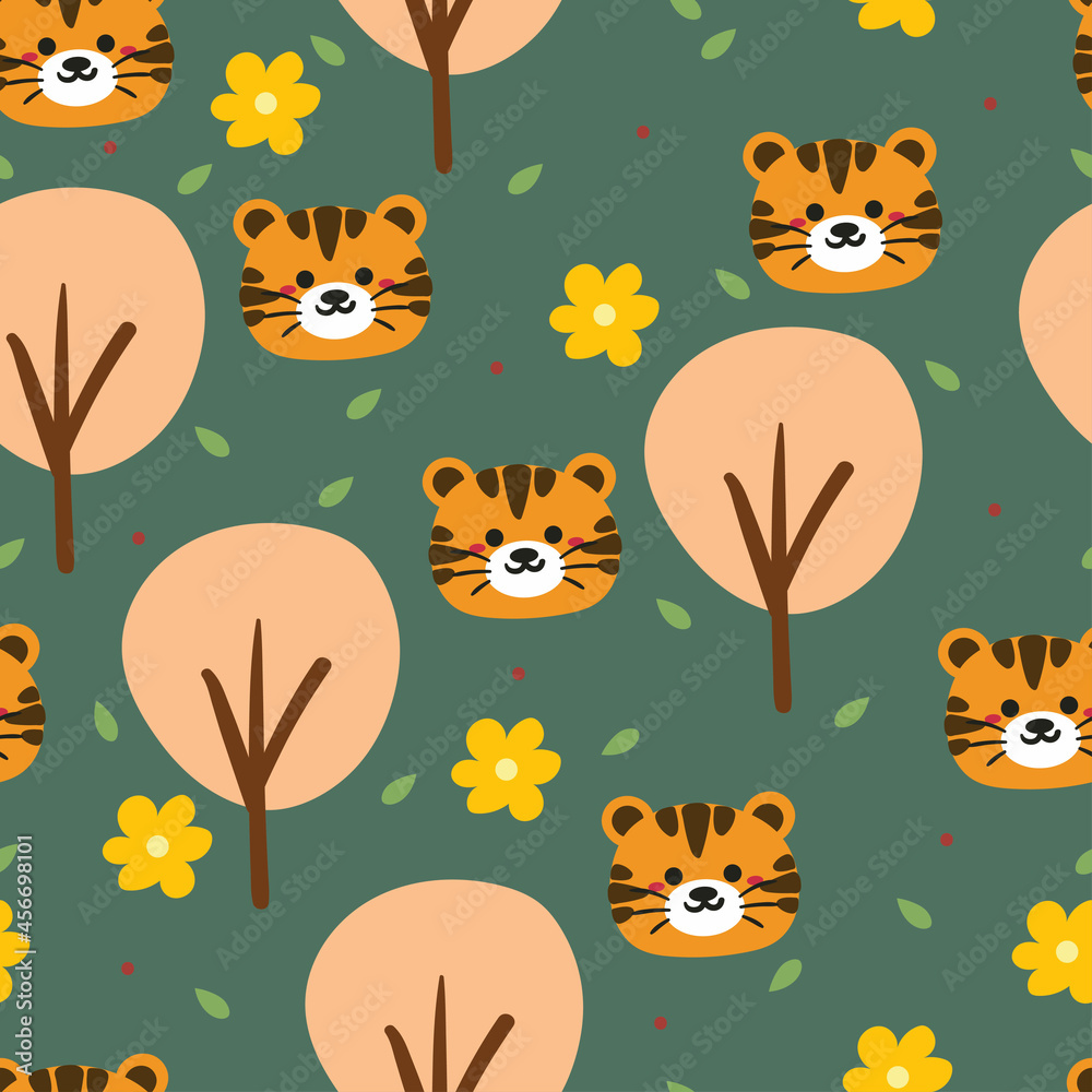 Obraz premium Seamless pattern with cute cartoon tiger for fabric print, textile, gift wrapping paper. colorful vector for textile, flat style