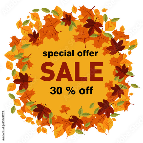 Design of the background of the autumn sale, banner. Colorful autumn poster with bright beautiful leaves in the form of text. Template for advertising, the Internet, social networks.