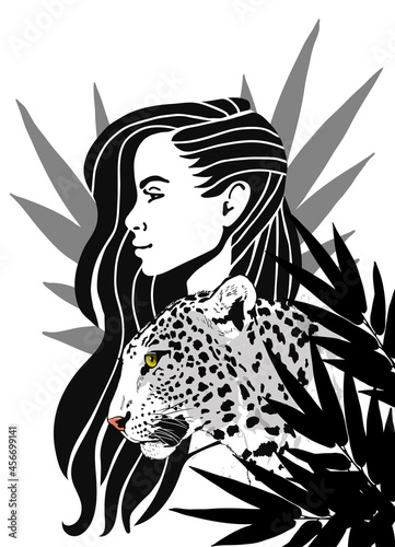 Girl and leopard, woman and predator with tropical leaves, wild beast, man and animal. T-shirt print, Black and white image. Stock vector illustration isolated on white background.