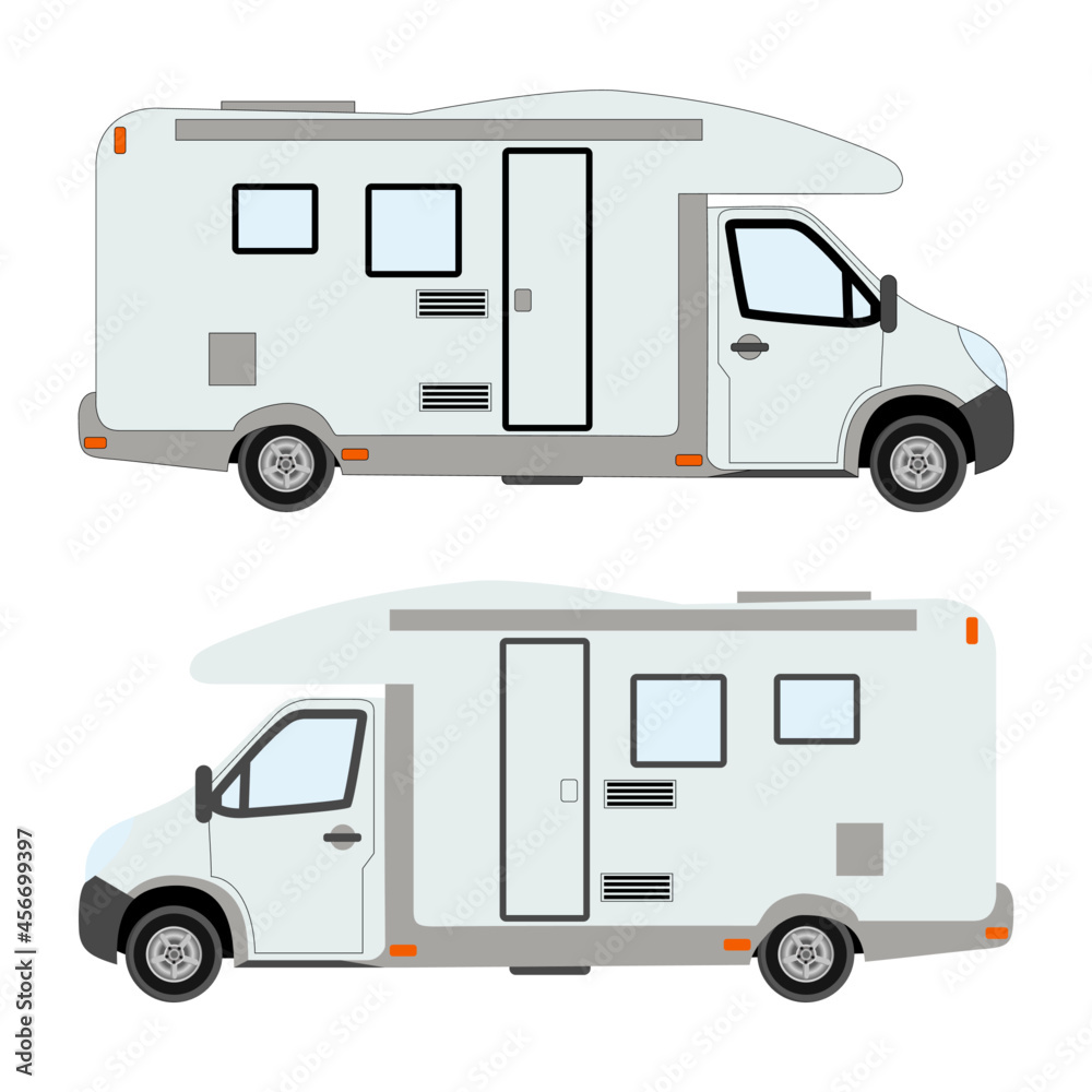 Set of white motorhome camper van retro with and whit out stroke