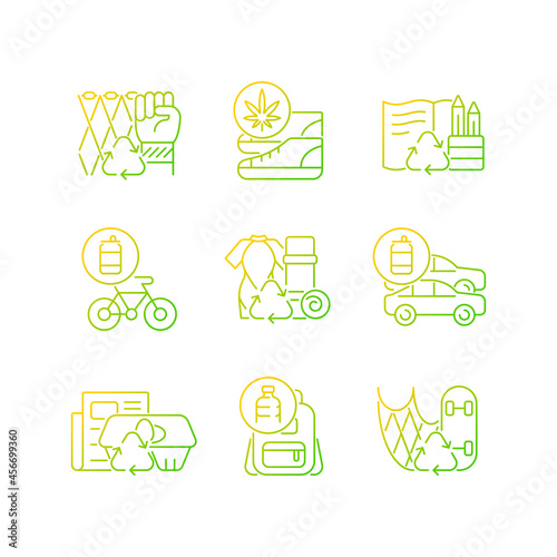 Reducing waste gradient linear vector icons set. Upcycling products. Eco friendly shoes. Biodegradable stationery. Thin line contour symbols bundle. Isolated outline illustrations collection