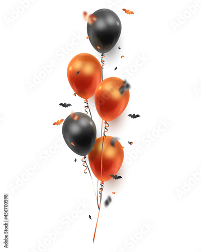 Realistic bouquets of black, red, ginger balloons, bat confetti and ribbons isolated on white. Vector illustration for card, Halloween party, design, flyer, poster, banner, web, advertising.