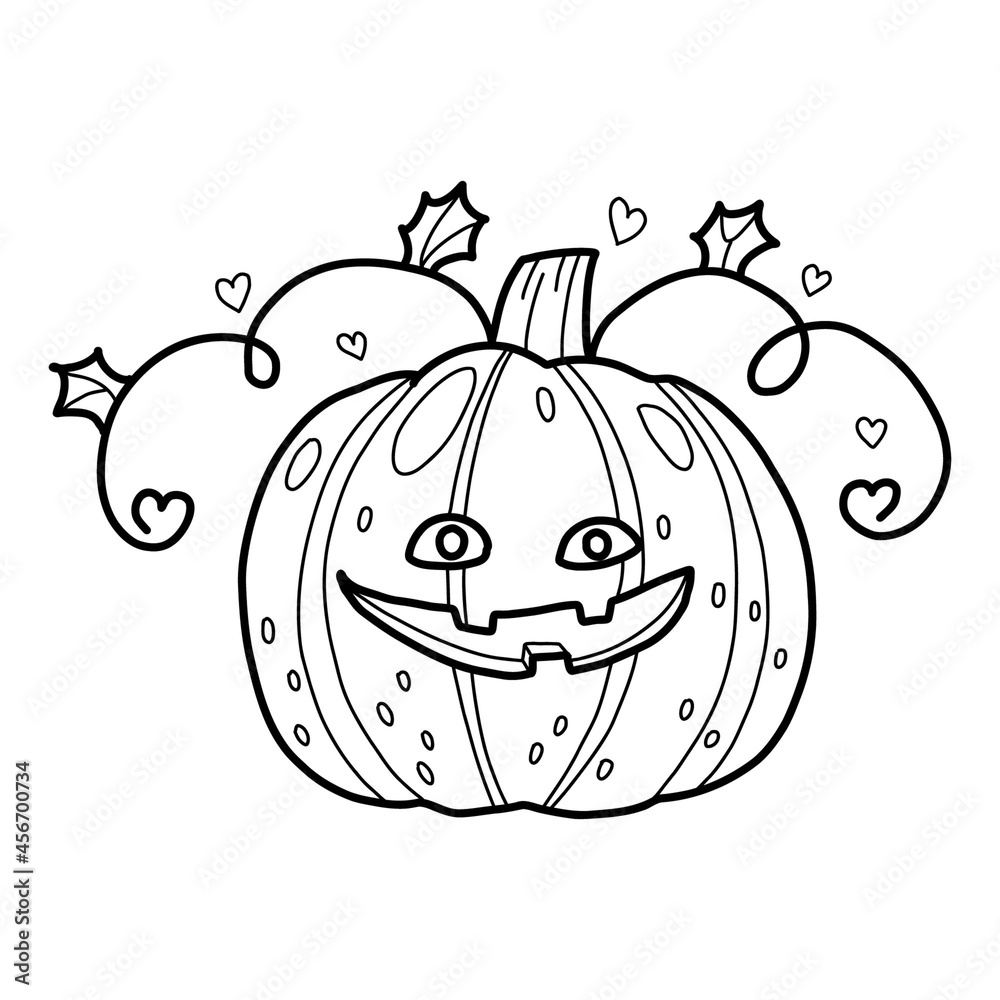 Obraz premium Doodle funny halloveen pumpkin character vector cartoon. Coloring book page for children and adult. Isolated hand drawn art.