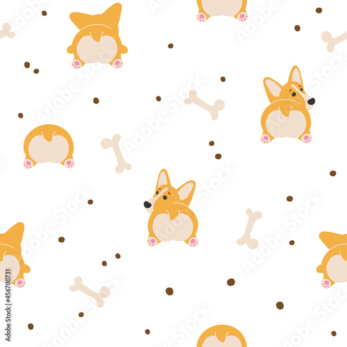 Cute ginger, brown dog, dots, bone, English sign, Welsh Corgi Pembroke, back view isolated on white background. Print for packaging, fabrics, wallpapers, textiles.