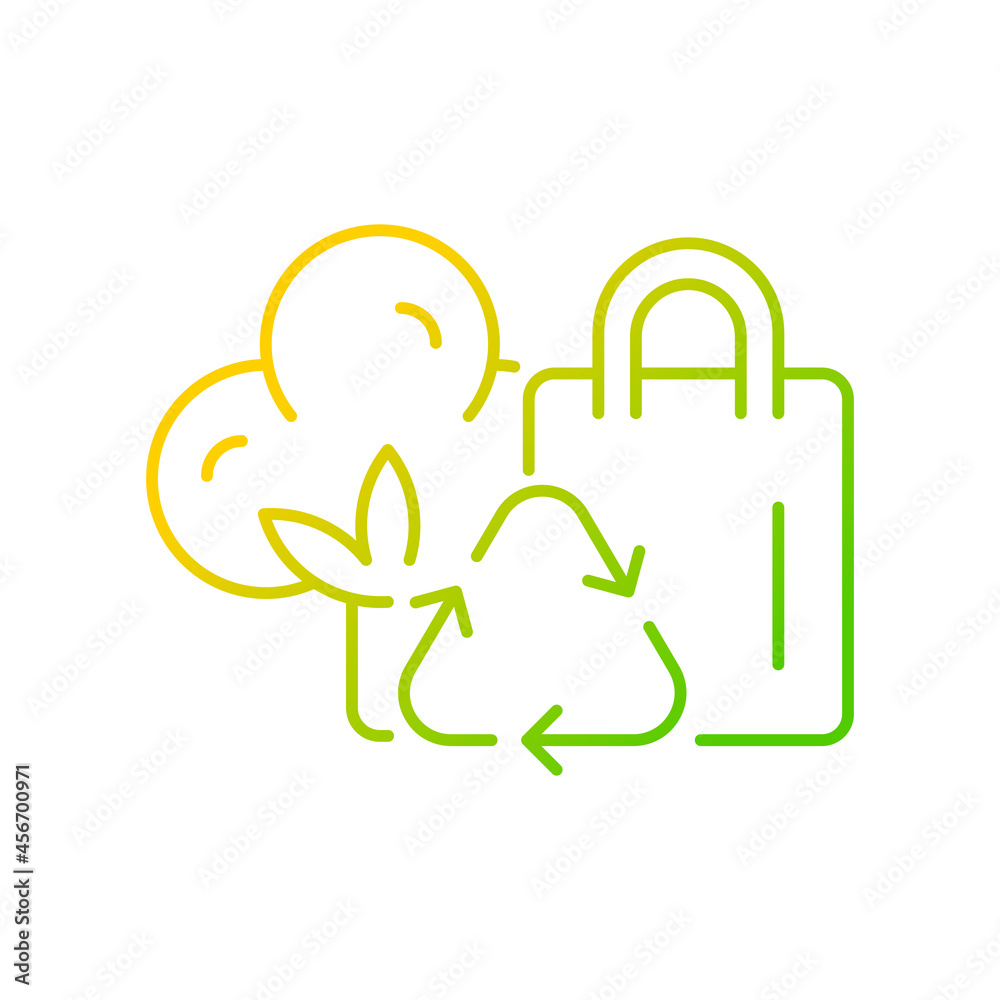Recycled cotton tote bags gradient linear vector icon. Eco-bags for shopping. Environmentally friendly handbag. Thin line color symbol. Modern style pictogram. Vector isolated outline drawing Recycled cotton tote bags gradient linear vector icon. Eco-bags for shopping. Environmentally friendly handbag. Thin line color symbol. Modern style pictogram. Vector isolated outline drawing