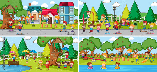 Outdoor scene set with many kids doodle cartoon character
