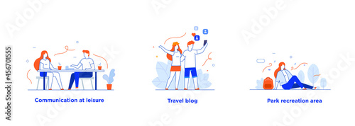 People use smartphones, leisure tourism, flights, social networks set of icons, illustration. Smartphones tablets user interface social media.Flat illustration Icons infographics. Landing page site