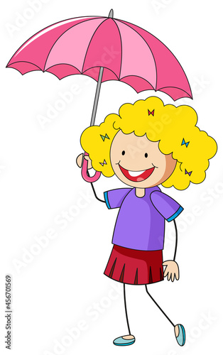 Little girl holding umbrella doodle cartoon character