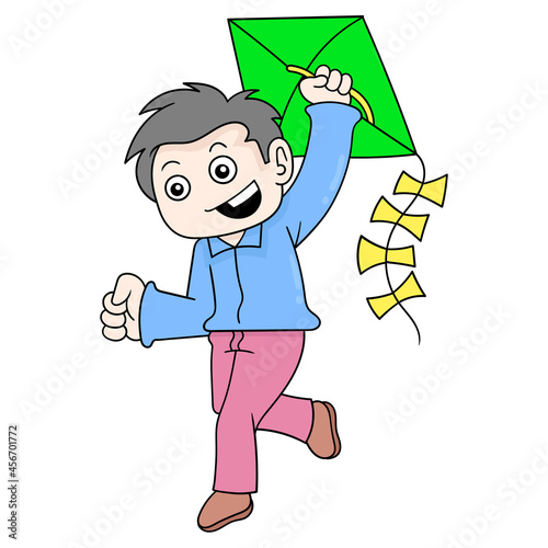 boy is happy playing a kite, doodle icon image kawaii