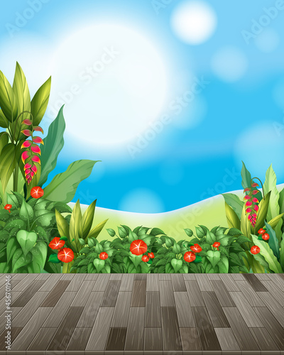 Nature background with flower field and green grass