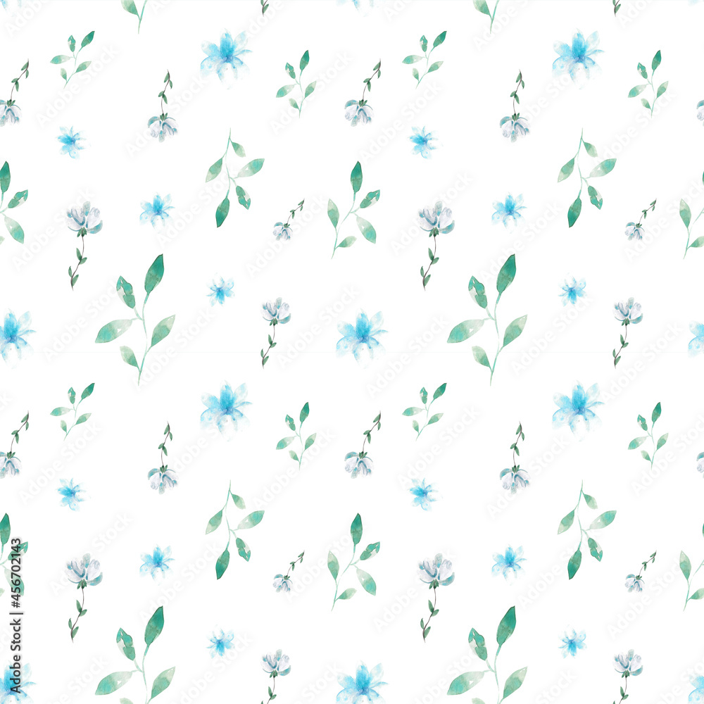 Seamless watercolor pattern. Seamless design with blue flowers and greenery Seamless watercolor pattern. Seamless design with blue flowers and greenery