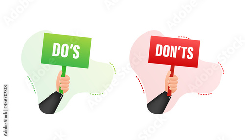 Hand holding placard Do s and Don ts. Vector stock illustration.