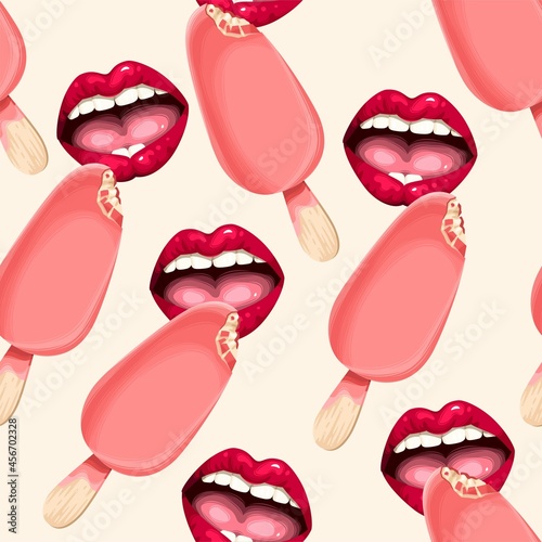 Vector seamless pattern with lips and ice cream