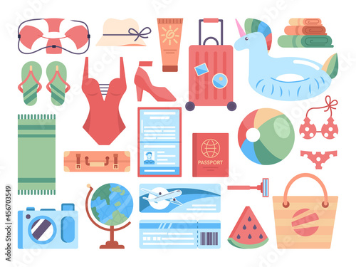 Summer vacation items set. Objects for relaxation on the beach and swim