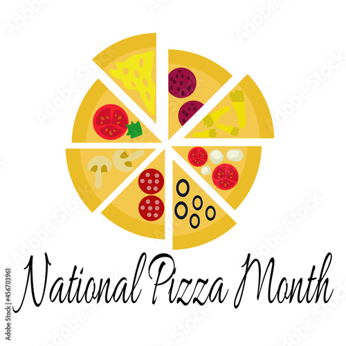 National Pizza Month, idea for a poster, banner or postcard, slices of pizza with various toppings