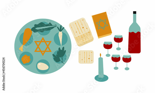 Passover Pesach holiday banner design with matzah, seder plate. Greeting card or seder party invitation template background