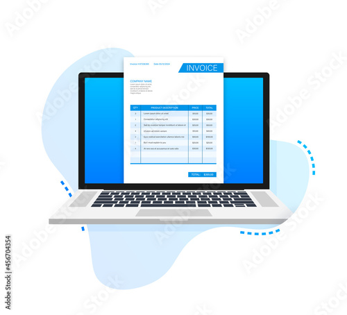 Business card with invoice on laptop. Customer service concept. Online payment. Tax payment. invoice template. Vector stock illustration.