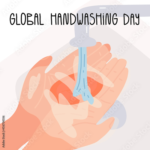Global handwashing day card, banner design. Two hands with soap under running water. 