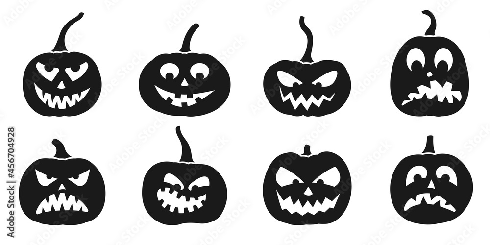 Obraz premium Halloween pumpkin icon set with cute faces. Scary, funny, happy and smile pumpkin face collection. Vector illustration.