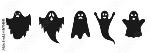 Ghost icon set with cute cartoon spooky, scary, happy and funny faces. Halloween symbol. Vector illustration. photo