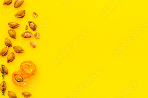 Dried apricot kernel with ripe apricot fruits, top view