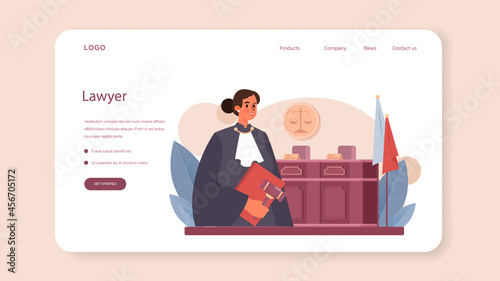 Judge web banner or landing page. Court worker stand for justice and law