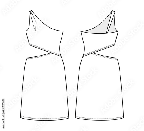 Fashion technical drawing of one-shoulder asymmetric cutout dress