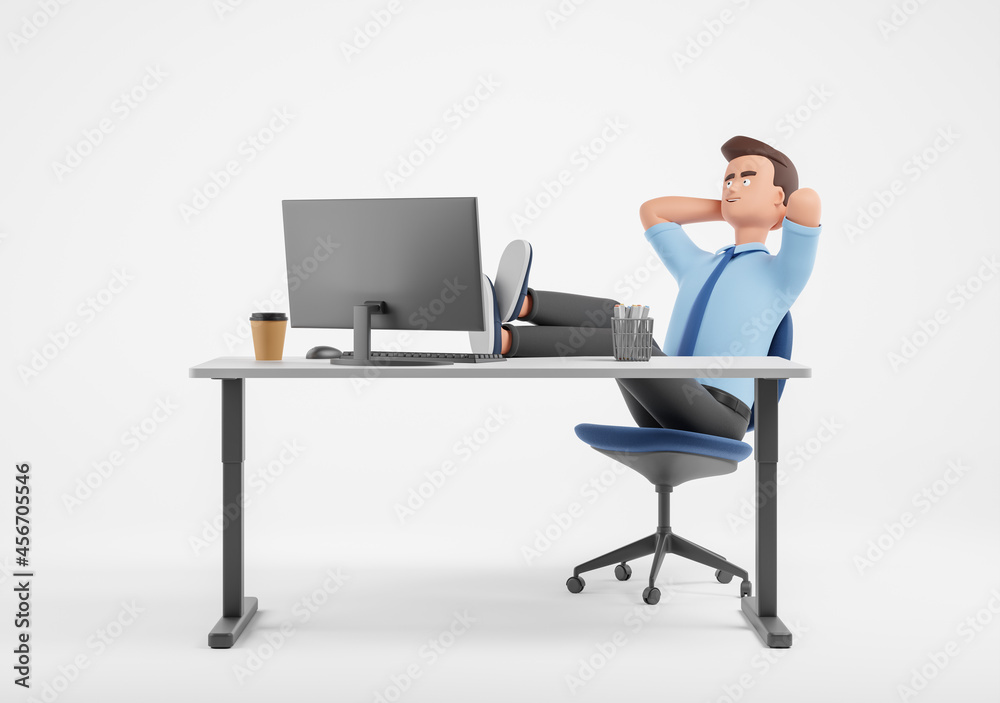 Cartoon pensive businessman with legs on table relaxing dreaming on workplace with computer big display over white background. Cartoon pensive businessman with legs on table relaxing dreaming on workplace with computer big display over white background.