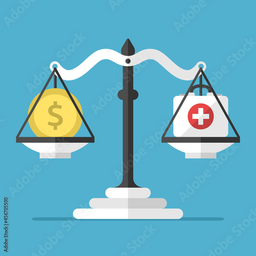 Dollar coin and first aid kit on weight scale on blue background. Money, health, healthcare and covid-19 pandemic concept. Flat design. Vector illustration. No gradients, no transparency