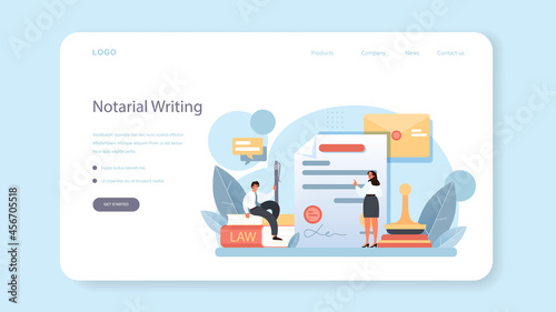 Notary service web banner or landing page. Professional lawyer signing
