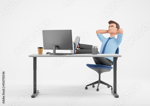 Cartoon pensive businessman with legs on table relaxing dreaming on workplace with computer big display over white background.