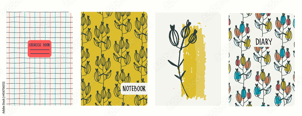 Cover page templates based on seamless patterns with hand drawn burdocks, grid. Burdock illustration with brushstroke texture. Backgrounds for notepads, diaries. Headers isolated and replaceable