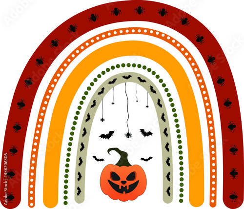 Halloween Rainbow, Background for Halloween, Halloween rainbow with scary pumpkin bats and spider, Halloween pattern Rainbow design, Halloween color rainbow with Scary pumpkin lantern