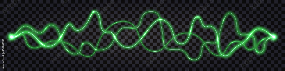 Electric discharge wave swirl, green light glow impulse lwire cable. Lightning thunder bolt with shocIsolated on transparent background. Vector illustration