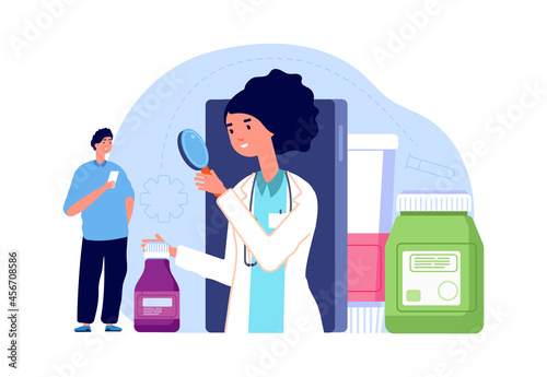 Online pharmacy concept. Woman pharmacist look at medication. Man need medical help, telemedicine vector scene