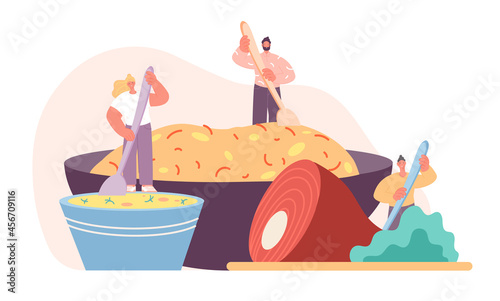 Food cooking concept. Cartoon people eat, huge lunch or breakfast in bowl. Happy adult prepare meal, homemade dinner utter vector concept