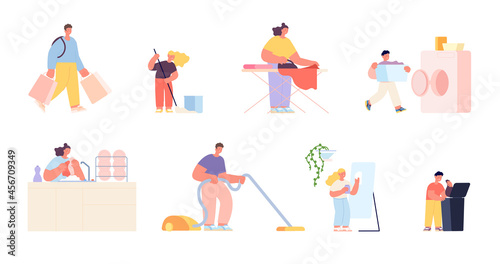 Household characters. Cleaning house, woman cleans dirty home. Family doing housework, adults and children with mop and bucket utter vector set