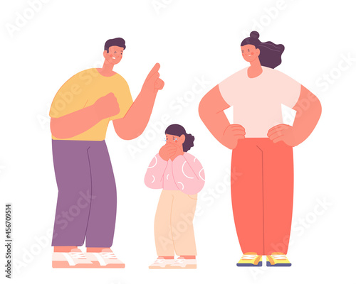 Angry parents. Adults punish kid, mother father scream on child. Family conflict or abuse. Cartoon scared crying girl utter vector concept