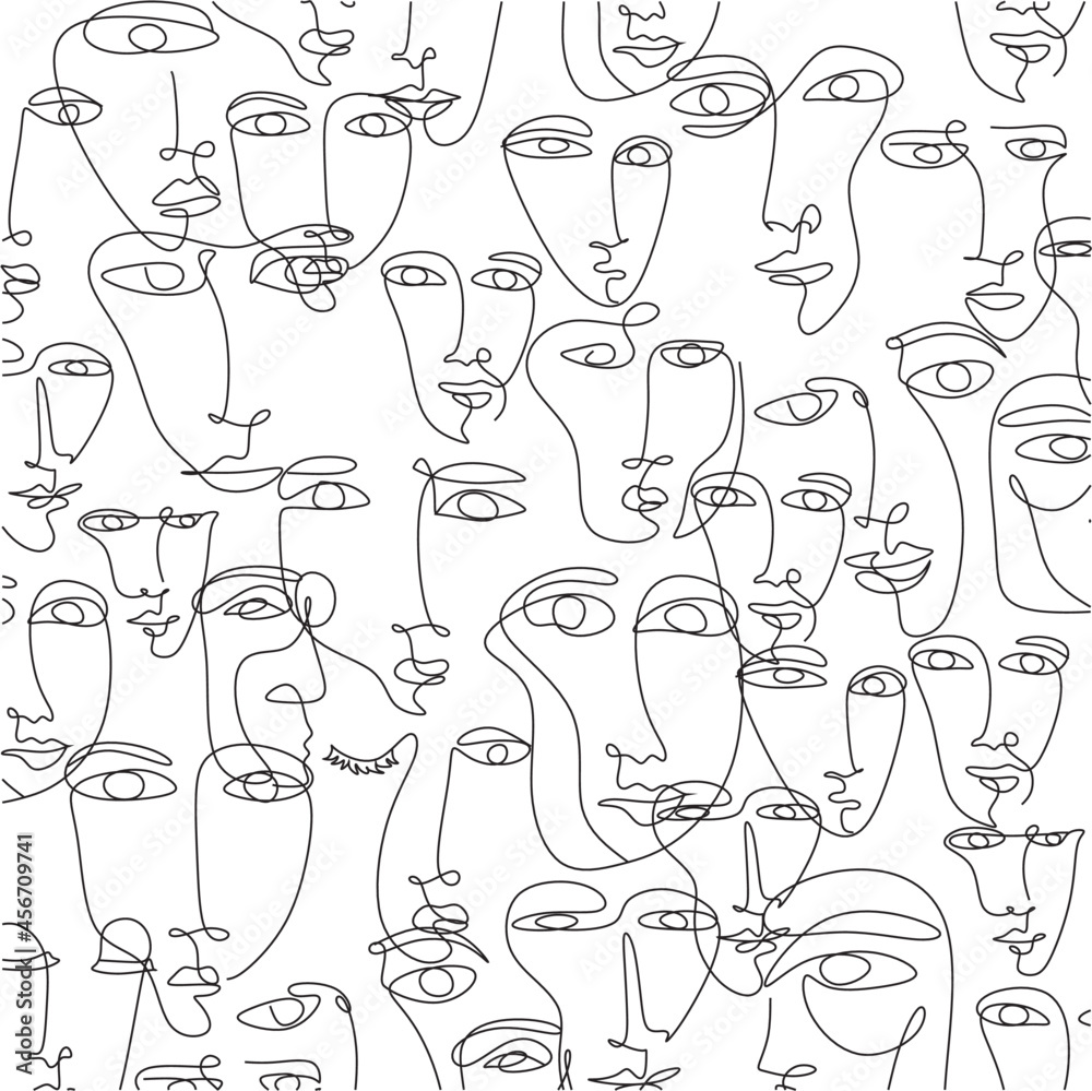 One line drawing abstract face seamless pattern. Modern minimalism art ...