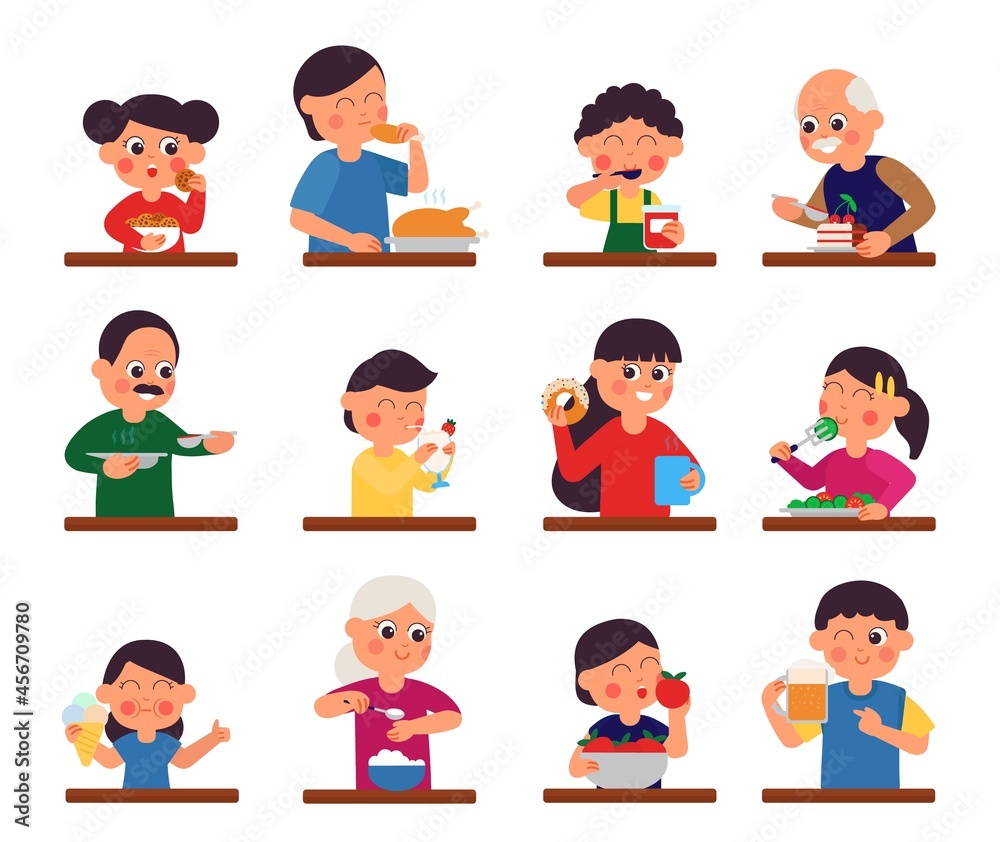 People eating. Men eat taste food. Restaurant or cafe characters, school canteen, buffet. Person has breakfast, lunch or dinner decent vector set People eating. Men eat taste food. Restaurant or cafe characters, school canteen, buffet. Person has breakfast, lunch or dinner decent vector set