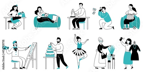 Hobby characters. Art people hobbies or occupations, dance girl. Painter or artist, man woman reading, knitting and planting decent vector scenes