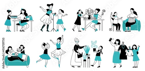 Mother and daughter. Family time, female hobbies. Mom girl and grandmother characters, sisters singing. People planting and knitting decent vector set