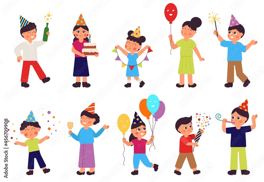 Happy birthday characters. Isolated people group, woman with cake. Adult and children celebrate, family party. Festive gifts decent vector set
