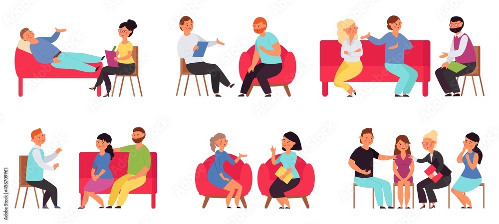 People on psychotherapy. Support, therapy and mental problems. Isolated patients, man on couch. Professional psychologist consulting decent vector scenes